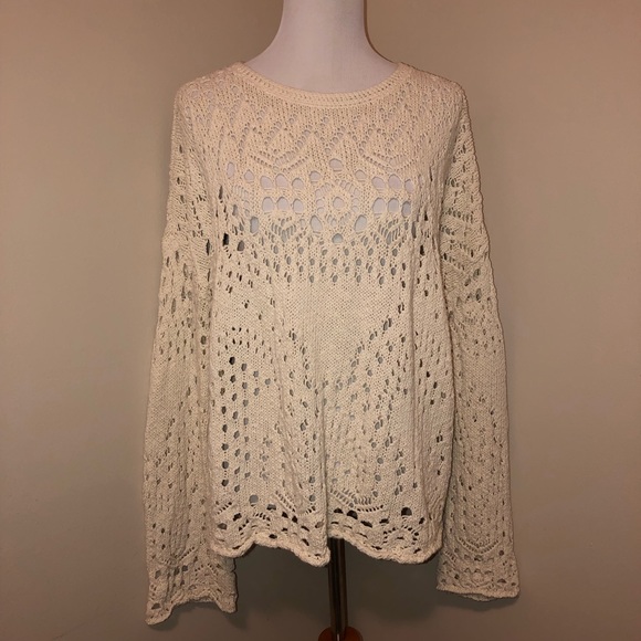 Free People Long Sleeve Traveling Ivory Lacey Sweater - Picture 3 of 15